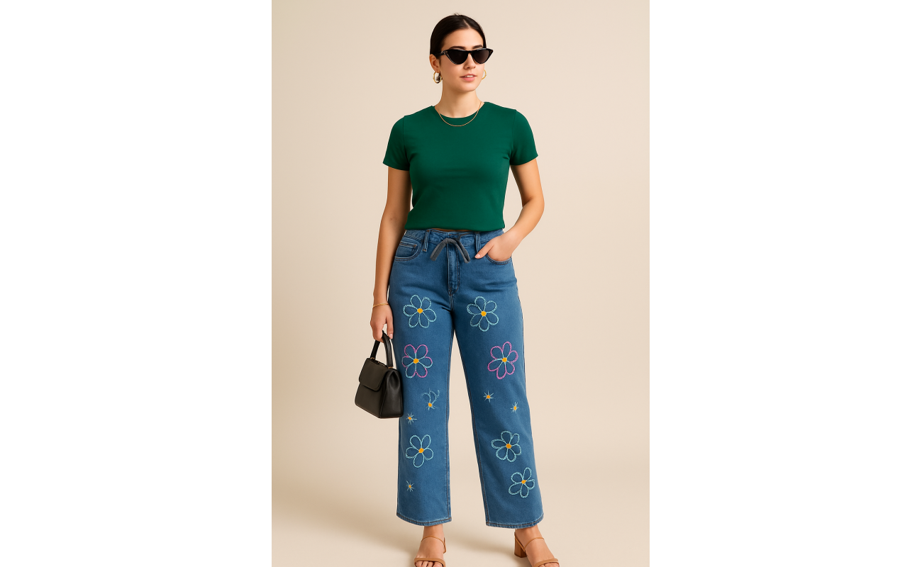 Women’s Sky Blue Floral Embroidered Lycra Denim Jeans