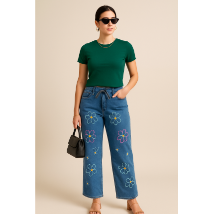 Women’s Sky Blue Floral Embroidered Lycra Denim Jeans