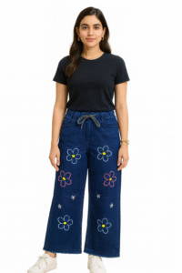 Women’s Navy Blue Floral Embroidered Lycra Denim Jeans