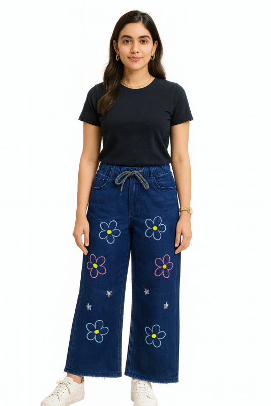 Women’s Navy Blue Floral Embroidered Lycra Denim Jeans