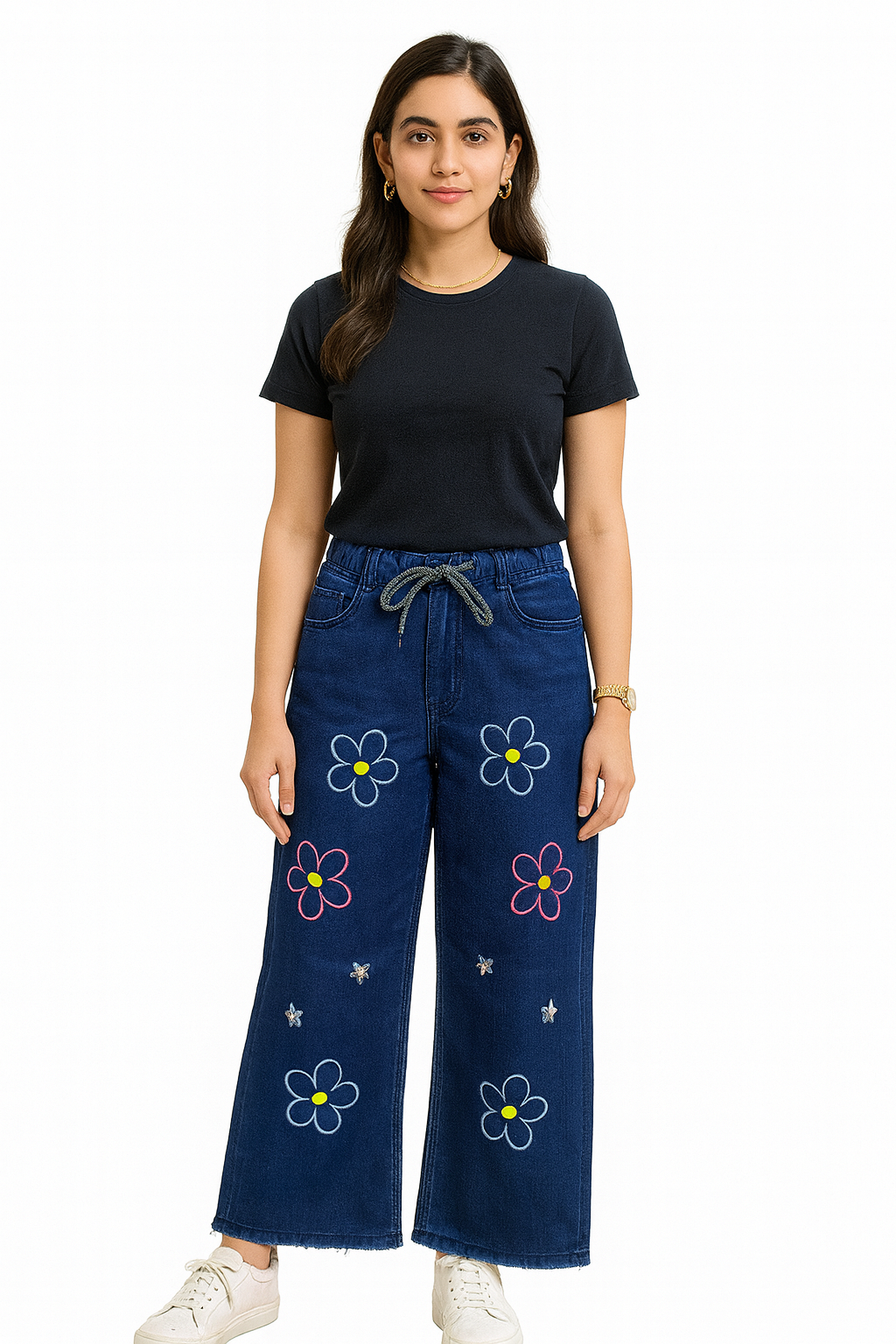 Women’s Navy Blue Floral Embroidered Lycra Denim Jeans
