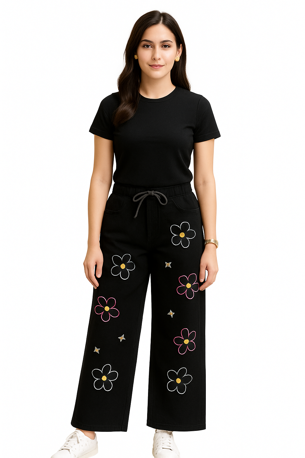 Black denim embroidered jeans