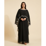 Woman modeling a luxury black shamoz silk maxi dress with a separate sheer cape overlay featuring silver embroidery.