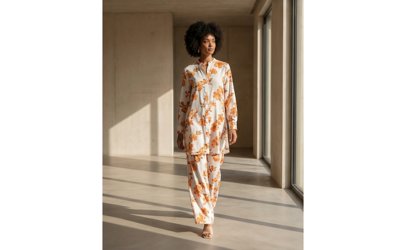 Orange and white floral Irish linen co-ord set hanging on a wooden rack, featuring a long-sleeve shirt and matching pants.