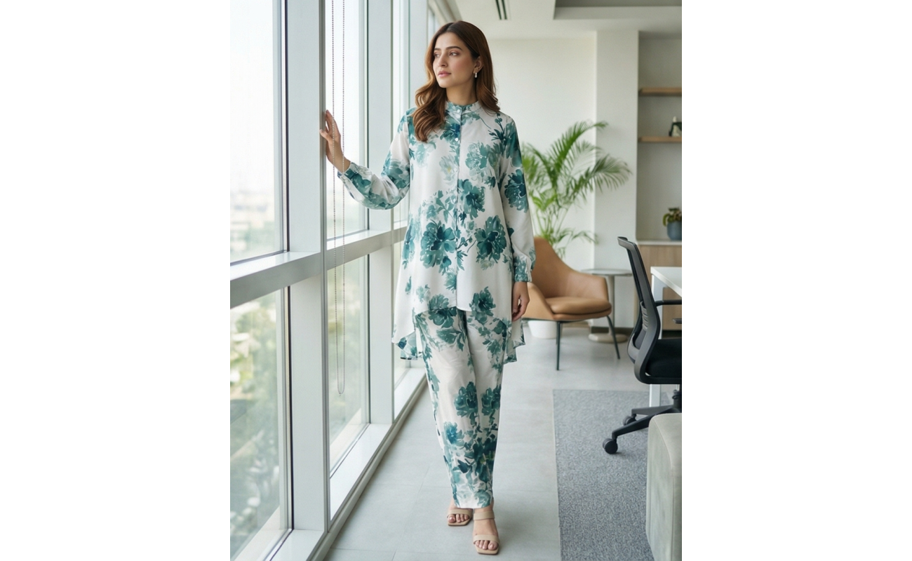 Woman standing by a window wearing a white and teal floral Irish linen co-ord set with a button-down tunic and matching straight pants.