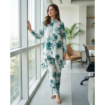 Woman standing by a window wearing a white and teal floral Irish linen co-ord set with a button-down tunic and matching straight pants.