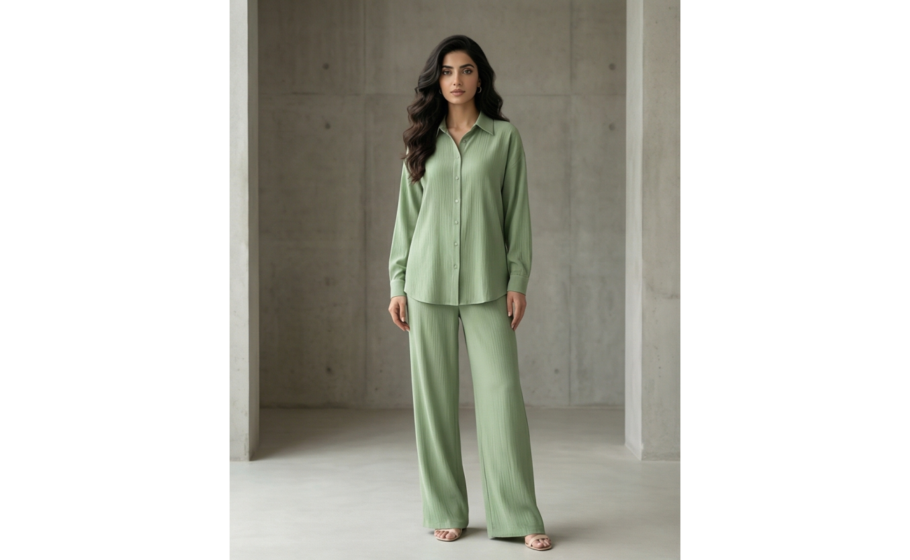 Woman walking in a modern architectural setting wearing a sage green Irish linen co-ord set with a button-down shirt and matching trousers.