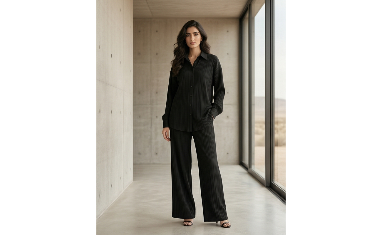 Woman modeling a sleek black Irish linen co-ord set with a button-down shirt and matching wide-leg trousers in a modern interior.