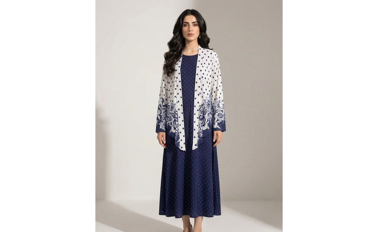 Woman wearing a navy blue cotton jersey maxi dress with a white shrug overlay featuring navy polka dots and floral patterns.