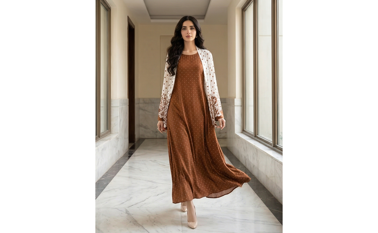 Woman modeling a rich terracotta-brown cotton jersey maxi dress with a white shrug overlay featuring brown floral and polka dot patterns.
