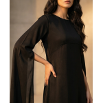Woman in a high-fashion black shamoos silk maxi dress with long split-sleeve cape details and a modest neckline.