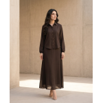 Woman modeling a long-sleeve espresso brown georgette maxi dress with a button-down collar and flowing skirt.