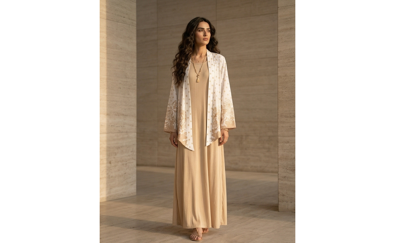 Woman wearing a beige cotton jersey maxi dress with a white and gold floral printed shrug overlay.