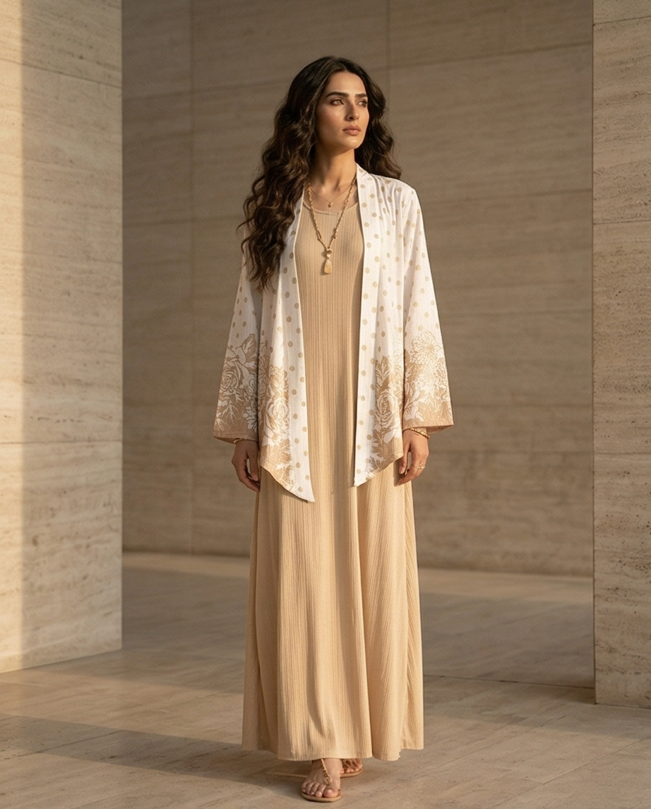 1775025065322 Woman wearing a beige cotton jersey maxi dress with a white and gold floral printed shrug overlay.