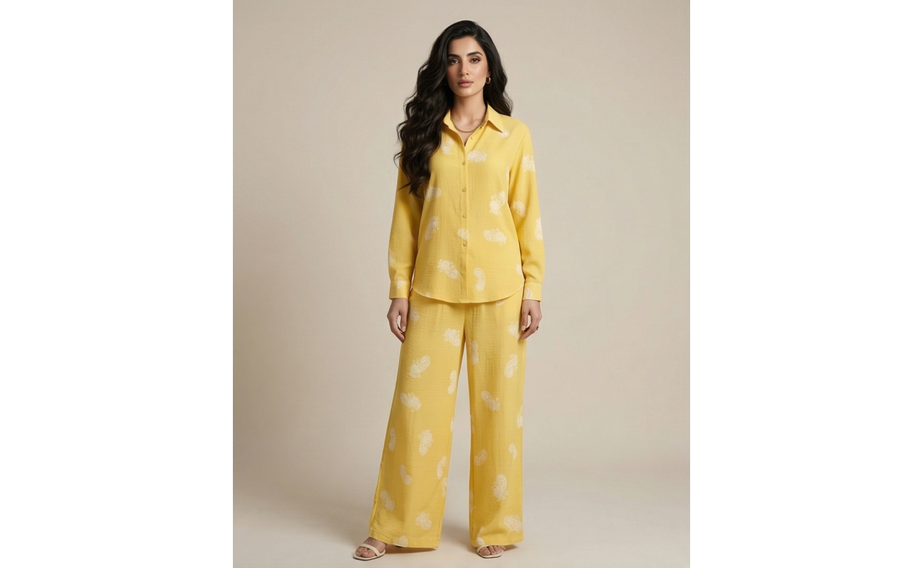 Woman wearing a bright yellow Irish linen co-ord set with white paisley patterns and a button-down shirt.